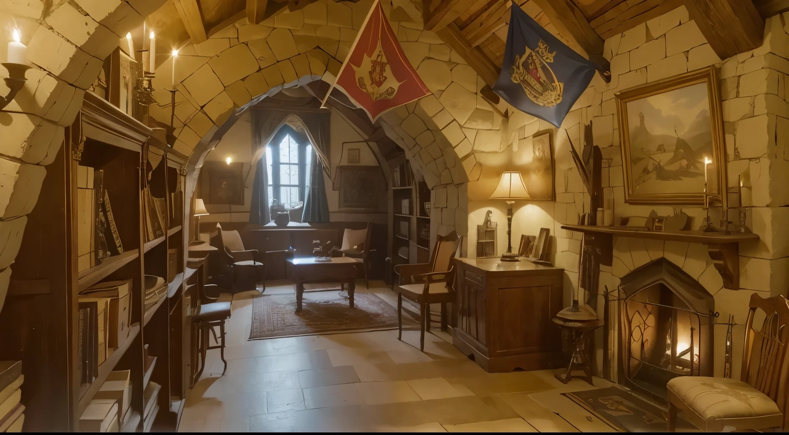 a pretty medieval catle room full of medieval castle objects, a heraldic fireplace, medieval book shelf, medieval chairs, a window in winter, fantasy castle, high resolution, a cup of tea, a medieval side cavalier, heraldic flags standart, a frame of cavaliers in wall, Medieval Knight Plate Armor holding a sword, a cup of the on chair