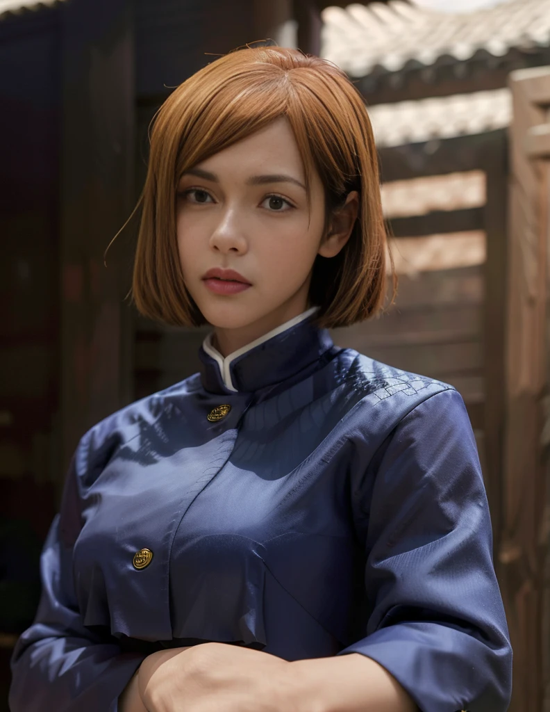 One girl, Big Breasts、Big  Cowboy Shot, Beautiful NobaraJK, School_uniform, bangs, Jacket,, Volumetric lighting, Highest quality, masterpiece, Intricate details, Tone Mapping, Sharp focus, Super detailed, Trending on Art Station, Realistic, Japanese