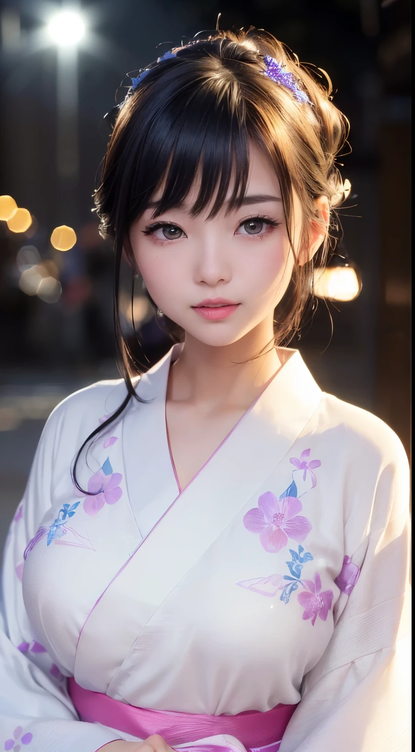 (logo、masterpiece、8k、Tabletop、RAW Photos、wonderful、最high quality、フォトリアリスティックでVery detailedな CG 複合 8k 壁紙、high quality、Very detailed、Narrative poem、Particle Effects、Dynamic Effects、Depth of the Boundary、Cinematic Light、Lens flare、Ray Tracing）、 (One beautiful woman wearing a yukata、White yukata、Light purple pattern)、Black-haired、High definition skin、Very fine、Fine skin texture、Beautiful Face、True Face、Beautiful details in the eyes、Realistic eyes、Beautifully detailed eyes、Realistic Skin、Beautiful Skin、Surreal、Smiling Eyes、Hair and light eyes、vivid、Colorful lights and bokeh、plump lower lip、Pink Lips、Hair flutters in Wind、Hair bounces、wonderful景色、night、evening、Wind、moonlight、moonlight、light