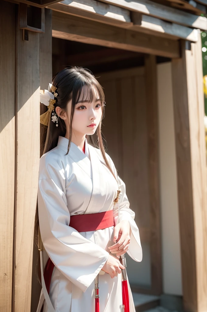 White hunting uniform, a shinto shrine maiden, detailed face, detailed eyes, detailed lips, long straight brown hair, silver scissors, gold hair ornaments, red lines on white outfit, conservative outfit, holding silver scissors, standing in a shrine courtyard, upper body closeup, high quality, digital art, photorealistic, dramatic lighting, cinematic, masterpiece