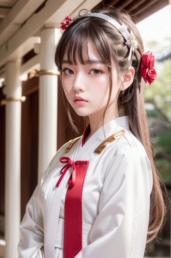 White hunting uniform, a shinto shrine maiden, detailed face, detailed eyes, detailed lips, long straight brown hair, silver scissors, gold hair ornaments, red lines on white outfit, conservative outfit, holding silver scissors, standing in a shrine courtyard, upper body closeup, high quality, digital art, photorealistic, dramatic lighting, cinematic, masterpiece