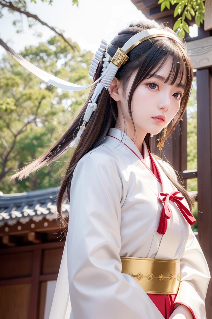 White hunting uniform, a shinto shrine maiden, detailed face, detailed eyes, detailed lips, long straight brown hair, silver scissors, gold hair ornaments, red lines on white outfit, conservative outfit, holding silver scissors, standing in a shrine courtyard, upper body closeup, high quality, digital art, photorealistic, dramatic lighting, cinematic, masterpiece