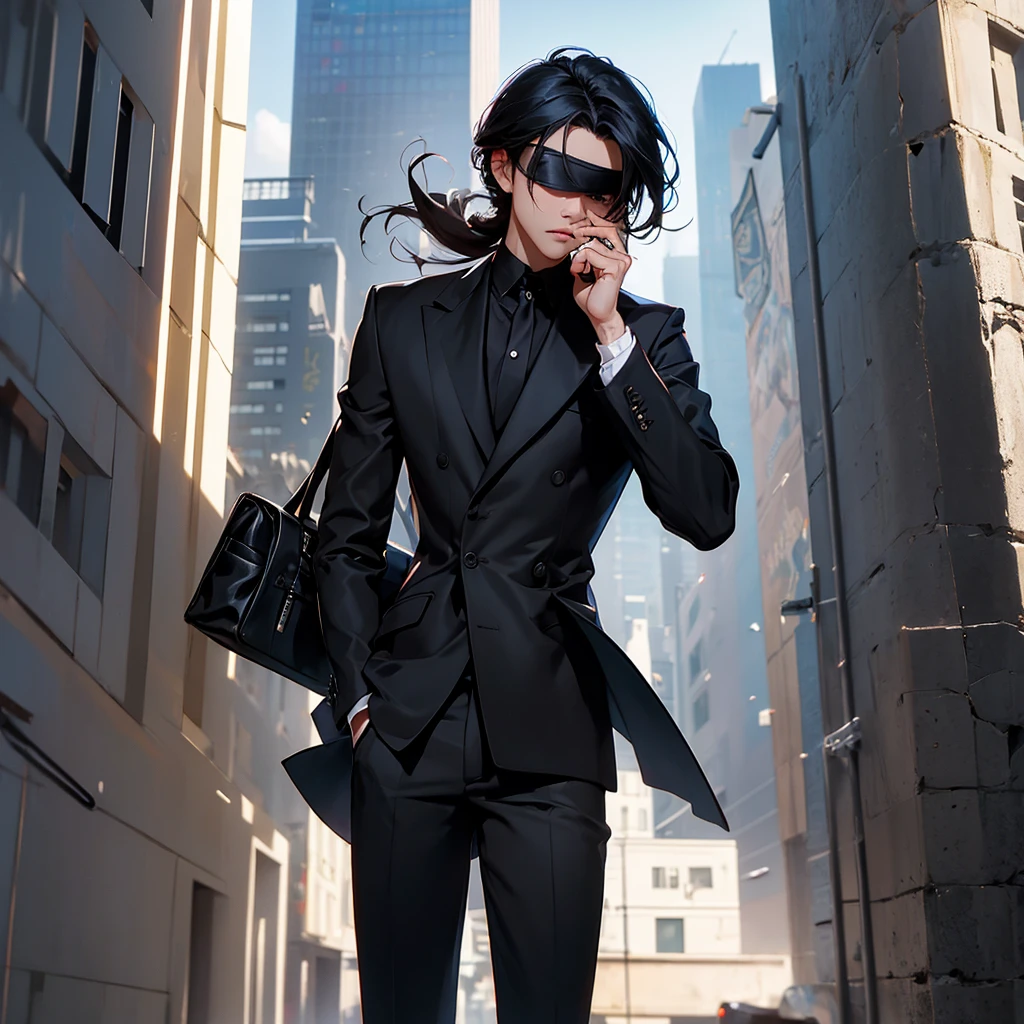 1boy, black hair, blindfolded, wearing all black suits, on top of a building, crying, high res, ultrasharp, 8k, masterpiece, looking at viewer from behind