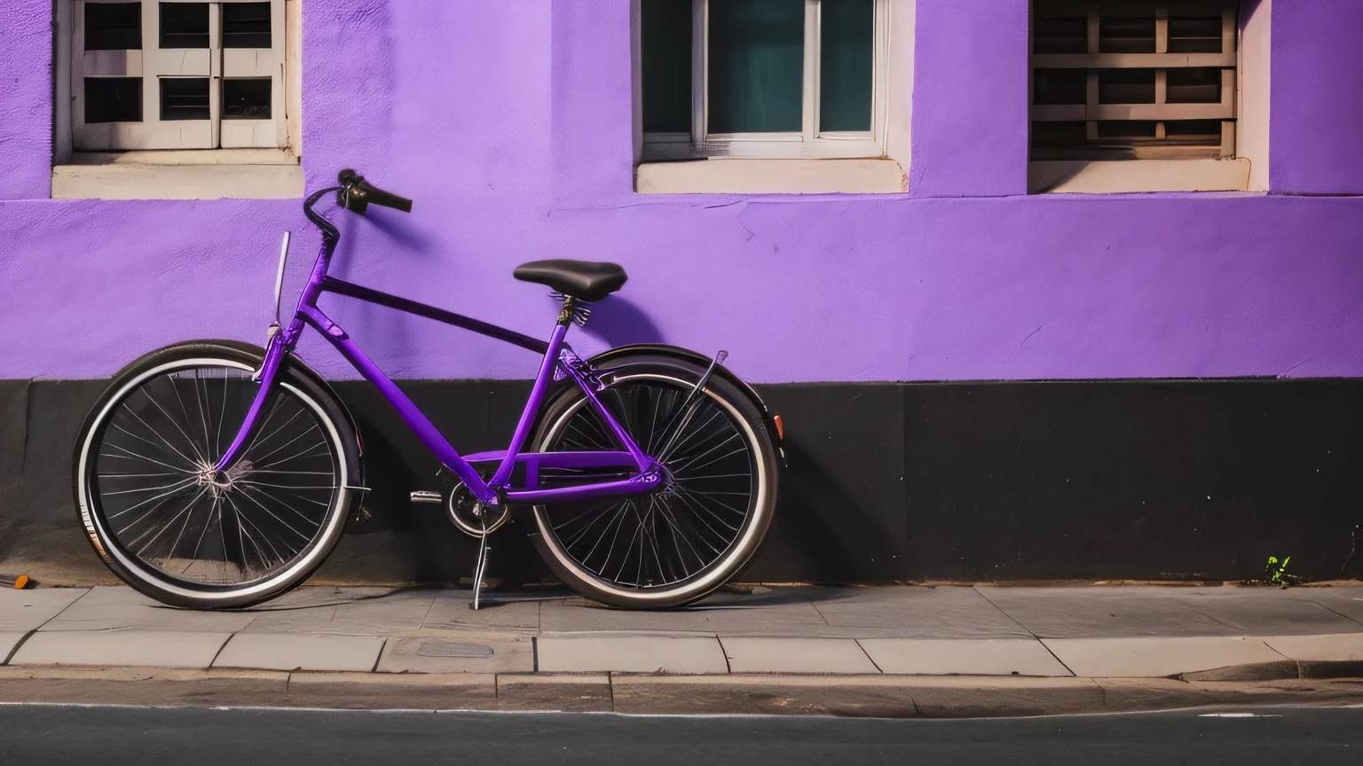 a man ridding a purple bike in a street