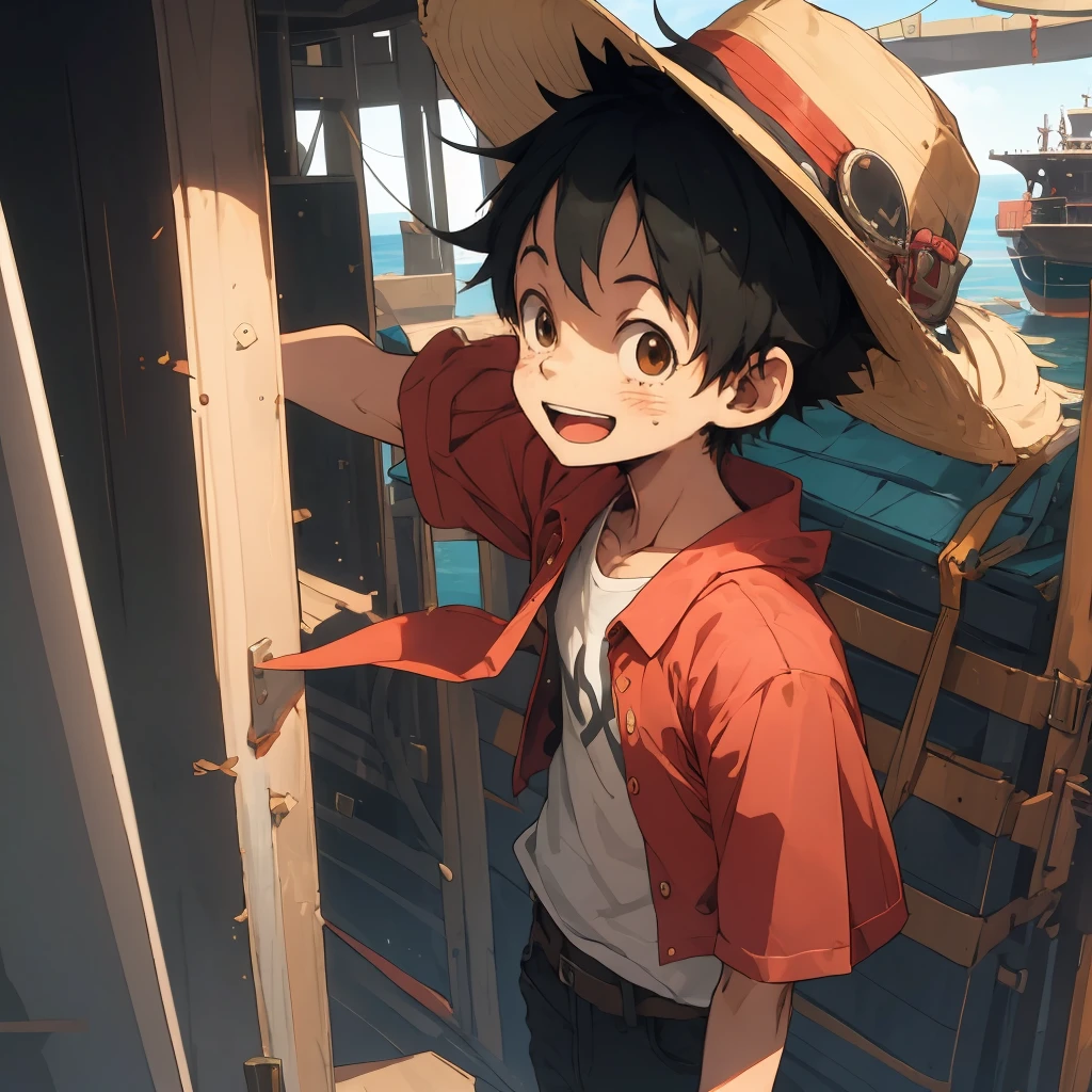 1male, messy blonde hair , Brown Eyes , Strawhat with a red band , Happy Expression , Black Shortsleeve T-Shirt , Standing on ship 