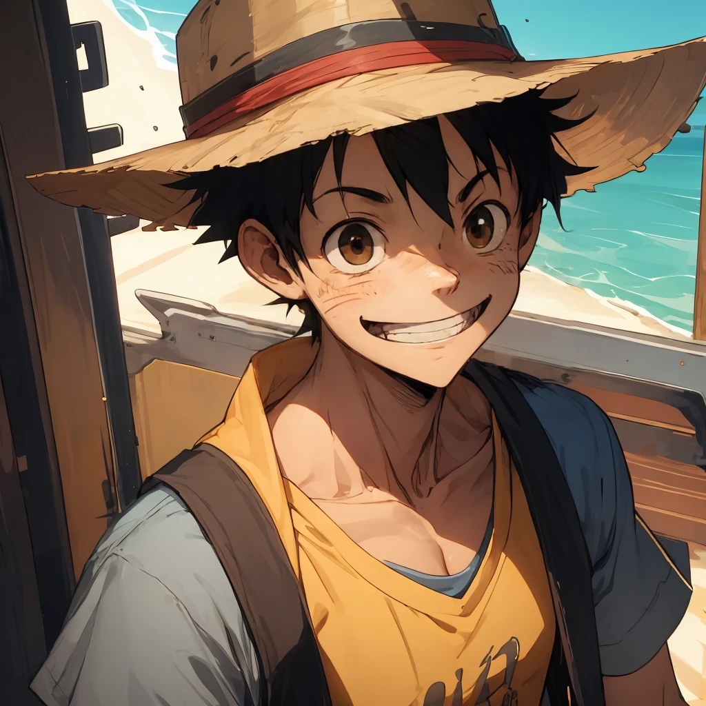 1male, messy blonde hair , Brown Eyes , Strawhat with a red band , Happy Expression , Black Shortsleeve T-Shirt , Standing on ship 