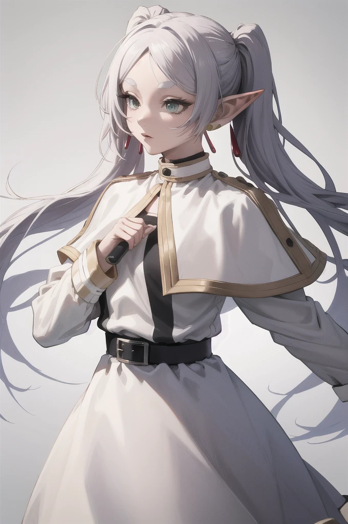 masterpiece, best quality, absurdres, 1girl, solo, FrierenBase, long hair, twintails, earrings, white capelet, striped shirt, horizontal stripes, long sleeves, belt, white micro skirt, 