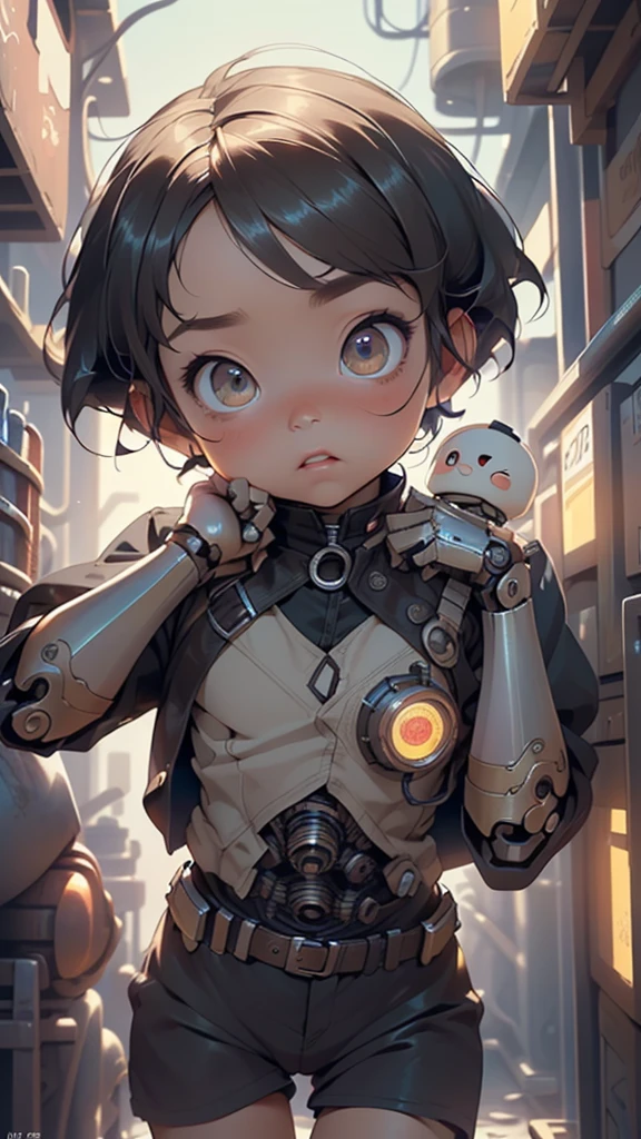 (((1 boyr:1.4))), (baby face), (round face), (little chest), (black hair:1.2, big forhead:1.2), (beautiful big eyes:1.3), intricate eyes,beautiful detailed eyes,symmetrical eyes,big eyes:1.5,(black_eyes:1.2), extremely detailed cute anime face, clear pale blush, solo,kawaii,(((lustrous skin:1.5,tanned skin,bright skin: 1.5,skin tanned,shiny skin,very shiny skin,shiny body))),((little boy,chibi))),((small tiny body)),((((6 years old)))),((flat chest)),((doll joints:1.5,mechanical hands:1.5)),((tesla coils)),((body of a machine:1.5,metallic skin,ball joint,cyborg:1.5, robotic parts:1.5,robot:1.5,mechanical joints: 1.4,mechanical limbs)),

((robot with human form of boy,boy with robotic body,
robot boy, super cute robot face, thin face boy, cyborg,  robot,
dreamy glow, luminous neon lights, Clean, robot body with steampunk style tubes and wires)),((red shorts,yellow skirt, brown vest)),

(dynamic pose:1.0),embarrassed,(centered,scale to fit dimensions,Rule of thirds),

((steampunk,industrial revolution)),scenery:1.25,((intricate scenery)),((steampunk, background)),

(Glossy steampunk ornaments),highres,sharp focus,(ultra detailed,extremely detailed),(photorealistic artwork:1.37),(extremely detailed CG unity 8k wallpaper),(((vibrant colors,vibrant theme))),(intricate),(masterpiece),(best quality),artistic photography,(photography taken by sldr),(intricate background),perfect rendered face,perfect face details,realistic face,photo realistic,((intricate detail)),(((realism))),
