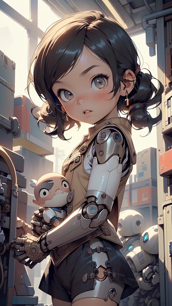 (((1 boyr:1.4))), (baby face), (round face), (little chest), (black hair:1.2, big forhead:1.2), (beautiful big eyes:1.3), intricate eyes,beautiful detailed eyes,symmetrical eyes,big eyes:1.5,(black_eyes:1.2), extremely detailed cute anime face, clear pale blush, solo,kawaii,(((lustrous skin:1.5,tanned skin,bright skin: 1.5,skin tanned,shiny skin,very shiny skin,shiny body))),((little boy,chibi))),((small tiny body)),((((6 years old)))),((flat chest)),((doll joints:1.5,mechanical hands:1.5)),((tesla coils)),((body of a machine:1.5,metallic skin,ball joint,cyborg:1.5, robotic parts:1.5,robot:1.5,mechanical joints: 1.4,mechanical limbs)),
((robot with human form of boy,boy with robotic body,
robot boy, super cute robot face, thin face boy, cyborg, robot,
dreamy glow, luminous neon lights, Clean, robot body with steampunk style tubes and wires)),((red shorts,yellow skirt, brown vest)),
(dynamic pose:1.0),embarrassed,(centered,scale to fit dimensions,Rule of thirds),
((steampunk,industrial revolution)),scenery:1.25,((intricate scenery)),((steampunk, background)),
(Glossy steampunk ornaments),highres,sharp focus,(ultra detailed,extremely detailed),(photorealistic artwork:1.37),(extremely detailed CG unity 8k wallpaper),(((vibrant colors,vibrant theme))),(intricate),(masterpiece),(best quality),artistic photography,(photography taken by sldr),(intricate background),perfect rendered face,perfect face details,realistic face,photo realistic,((intricate detail)),(((realism))),