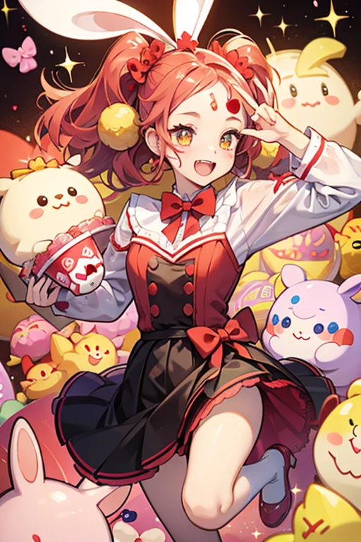 A red candy girl bunny with a winking eye and a wide opened mouth. On her forehead is the Num Noms logo inside the silhouette of a wrapped candy. She wears a yellow bow between her ears and forehead. SPARKLE; GLITTER