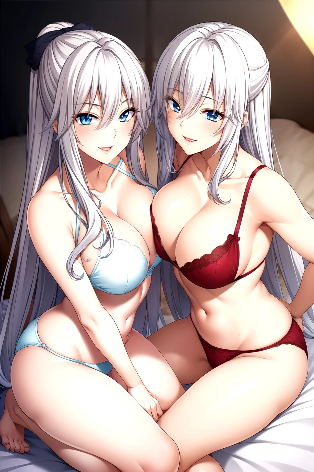 Mother and daughter，Light smooth skin, Light red bra, Light red lace, Light red underwear,Full body pictures, White hair,blue Eye,Long hair, 1 girl, 25 years old,Young women,beautiful Finger,beautiful long legs,beautiful body,beautiful Nose,beautiful character design, perfect Eye, perfect Face,expressive Eye,Perfect balance, Looking at the audience,(Focus on her Face),Housing, (Innocent_Big goals_Eye:1.0),Light_Smile, Official Art,Very detailed CG unity 8k wallpaper, Perfect lighting,rich and Farbeful, bright_front_Face_Lighting,Light skin, (masterpiece:1.0),(the best_quality:1.0), Ultra-high resolution,4K,Very detailed, photography, 8k, Human Development Report, high resolution, absurdes:1.2, Kodak Portrait 400, Film Grain, Blurred background, bokeh:1.2, Lens Light Halo, (Full of energy_Farbe:1.2),Professional photographer, (beautiful,Chest:1.3 (beautiful_Face:1.5),(narrow_waist),Smile, Happy, Light Blue，Slim