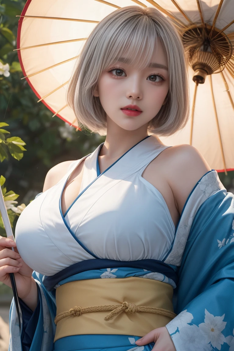 reflected light、Platinum blonde hair with dazzling highlights、Shiny Hair、beautiful shiny bangs、bright, clear, Charm, large blue eye、A very beautiful, adorable and cute  girl.、Ample Bust、Beautiful detailed eye、 Beautifully detailed nose,((whole body:1.5)),eyeを強調するメイク、Scattered beneath the surface、Glamorous details、Nature background、Super huge breasts、((Cinematic))、(Loose and fluffy perm:1.4)、1 girl、((Bob Hair:1.3))、超Genuineな8K CG、絵に描いたようなperfectionなperfectionな顔、perfection、clean、masterpiece、Professional artwork、 Famous works of art、perfectionな顔、Beautiful Face、美しいeyeのない女性の体))、alone、(Immersive atmosphere、Claire Obscure:1.5、bright light:1.2、bright lighting)、(blush:0.5)、Captivating look、Very detailed_eye、Beautifully detailed backgrounds、Written boundary depth、Genuine:1.3、Long Shot、whole body、(Zhou Haoguang:1.3)、(Cinematic composition:1.3)、(Puffy eye:1.2)、(Slim legs)、(Light on face and chest)、(((((Underbust)))))、Under the chest、Oily skin、thin、 Mature Woman、Light blue hair、((bright灰色の髪))、(((Two-tone hair)))、Slender women、Cute Woman、 8K Ultra HD,Detailed face、Delicate texture, ((Japanese clothing style))、((Girl in kimono))、((A girl holding an umbrella))、((Wear a Japan kimono))、(At dusk)、(shrine)、Holding an umbrella、(Kimono Beauty)、It&#39;s very interesting、(((傘の持ち手はstraight line)))、(((傘の棒はstraight line)))、(((straight line)))