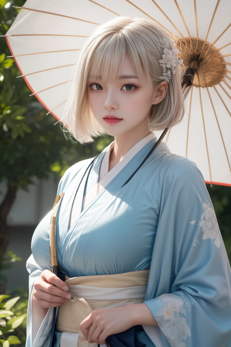 reflected light、Platinum blonde hair with dazzling highlights、Shiny Hair、beautiful shiny bangs、bright, clear, Charm, large blue eye、A very beautiful, adorable and cute 16 year old girl.、Ample Bust、Beautiful detailed eye、 Beautifully detailed nose,((whole body:1.5)),eyeを強調するメイク、Scattered beneath the surface、Glamorous details、Nature background、Super huge breasts、((Cinematic))、(Loose and fluffy perm:1.4)、1 girl、((Bob Hair:1.3))、超Genuineな8K CG、絵に描いたようなperfectionなperfectionな顔、perfection、clean、masterpiece、Professional artwork、 Famous works of art、perfectionな顔、Beautiful Face、美しいeyeのない女性の体))、alone、(Immersive atmosphere、Claire Obscure:1.5、bright light:1.2、bright lighting)、(blush:0.5)、Captivating look、Very detailed_eye、Beautifully detailed backgrounds、Written boundary depth、Genuine:1.3、Long Shot、whole body、(Zhou Haoguang:1.3)、(Cinematic composition:1.3)、(Puffy eye:1.2)、(Slim legs)、(Light on face and chest)、(((((Underbust)))))、Under the chest、Oily skin、thin、 Mature Woman、Light blue hair、((bright灰色の髪))、(((Two-tone hair)))、Slender women、Cute Woman、 8K Ultra HD,Detailed face、Delicate texture, ((Japanese clothing style))、((Girl in kimono))、((A girl holding an umbrella))、((Wear a Japan kimono))、(At dusk)、(shrine)、Holding an umbrella、(Kimono Beauty)、It's very interesting、(((傘の持ち手はstraight line)))、(((傘の棒はstraight line)))、(((straight line)))