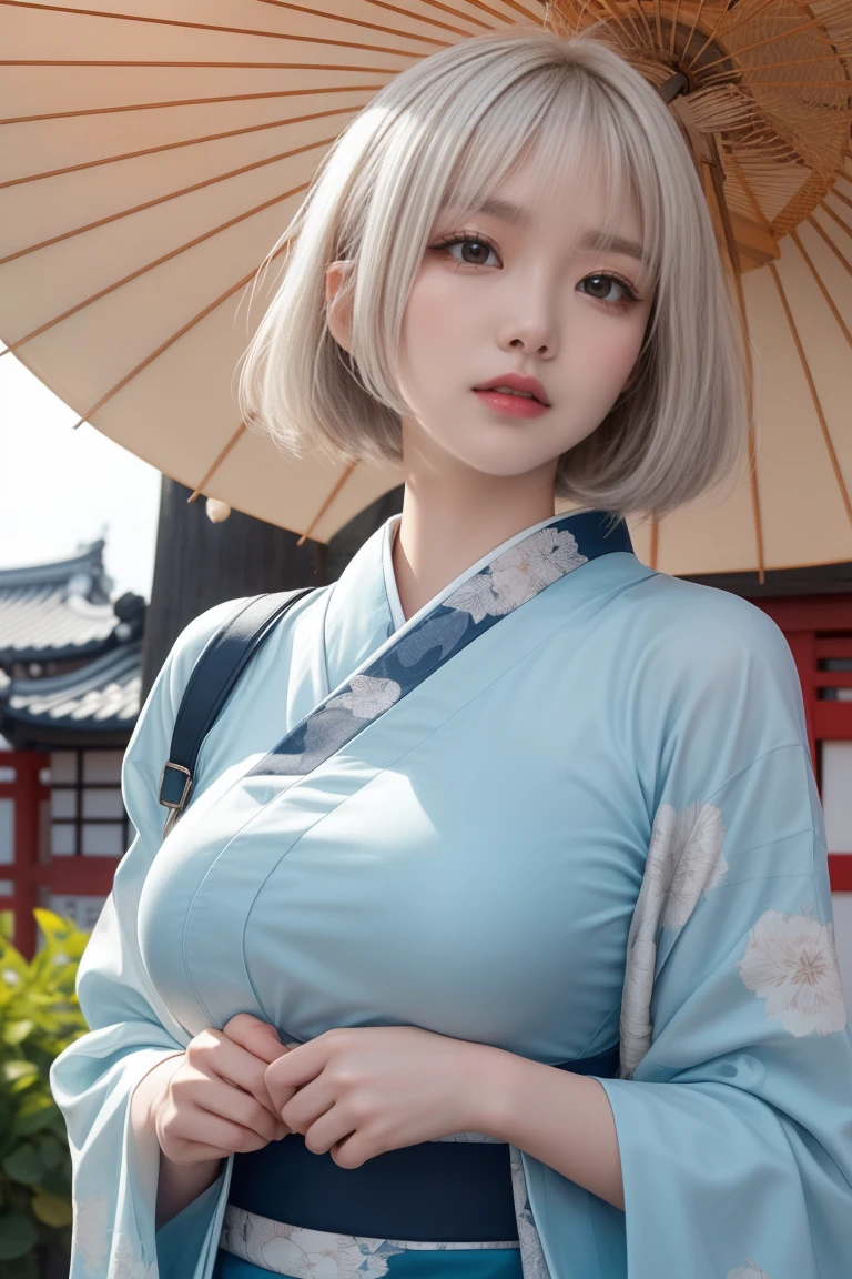 reflected light、Platinum blonde hair with dazzling highlights、Shiny Hair、beautiful shiny bangs、bright, clear, Charm, large blue eye、A very beautiful, adorable and cute old girl.、Ample Bust、Beautiful detailed eye、 Beautifully detailed nose,((whole body:1.5)),eyeを強調するメイク、Scattered beneath the surface、Glamorous details、Nature background、Super huge breasts、((Cinematic))、(Loose and fluffy perm:1.4)、1 girl、((Bob Hair:1.3))、超Genuineな8K CG、絵に描いたようなperfectionなperfectionな顔、perfection、clean、masterpiece、Professional artwork、 Famous works of art、perfectionな顔、Beautiful Face、美しいeyeのない女性の体))、alone、(Immersive atmosphere、Claire Obscure:1.5、bright light:1.2、bright lighting)、(blush:0.5)、Captivating look、Very detailed_eye、Beautifully detailed backgrounds、Written boundary depth、Genuine:1.3、Long Shot、whole body、(Zhou Haoguang:1.3)、(Cinematic composition:1.3)、(Puffy eye:1.2)、(Slim legs)、(Light on face and chest)、(((((Underbust)))))、Under the chest、Oily skin、thin、 Mature Woman、Light blue hair、((bright灰色の髪))、(((Two-tone hair)))、Slender women、Cute Woman、 8K Ultra HD,Detailed face、Delicate texture, ((Japanese clothing style))、((Girl in kimono))、((A girl holding an umbrella))、((Wear a Japan kimono))、(At dusk)、(shrine)、Holding an umbrella、(Kimono Beauty)、It's very interesting、(((傘の持ち手はstraight line)))、(((傘の棒はstraight line)))、(((straight line)))