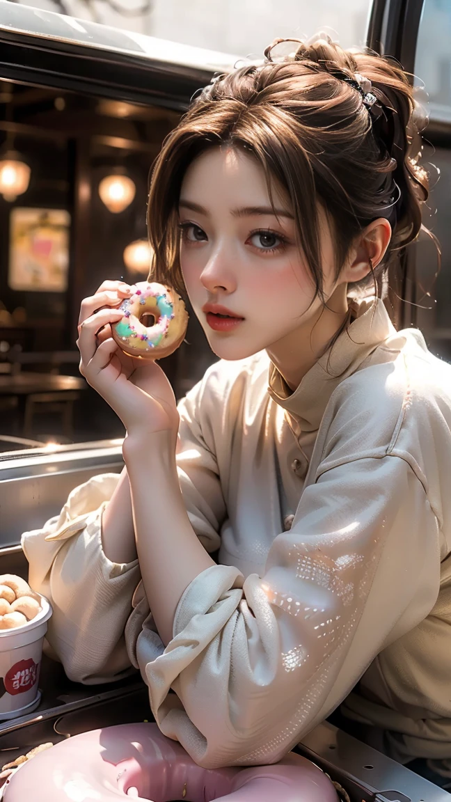masterpiece, highest quality, Highest image quality, High resolution, photo realistic, Raw photo, wide shot, side view, full body photo, (girl eating a donuts in huge donuts, girl eat a donuts, happy, donuts in hands, donuts in mouth, looking out from donuts, donuts costumes)