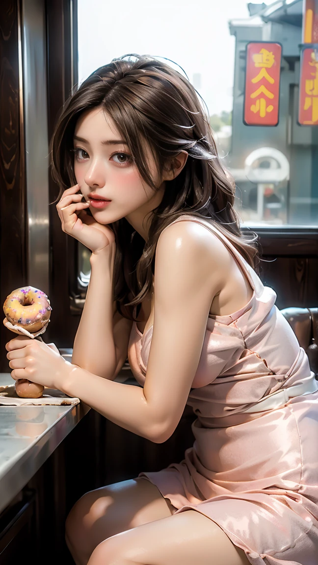 masterpiece, highest quality, Highest image quality, High resolution, photo realistic, Raw photo, wide shot, side view, full body photo, (girl eating a donuts in huge donuts, girl eat a donuts, happy, donuts in hands, donuts in mouth, looking out from donuts, donuts costumes)