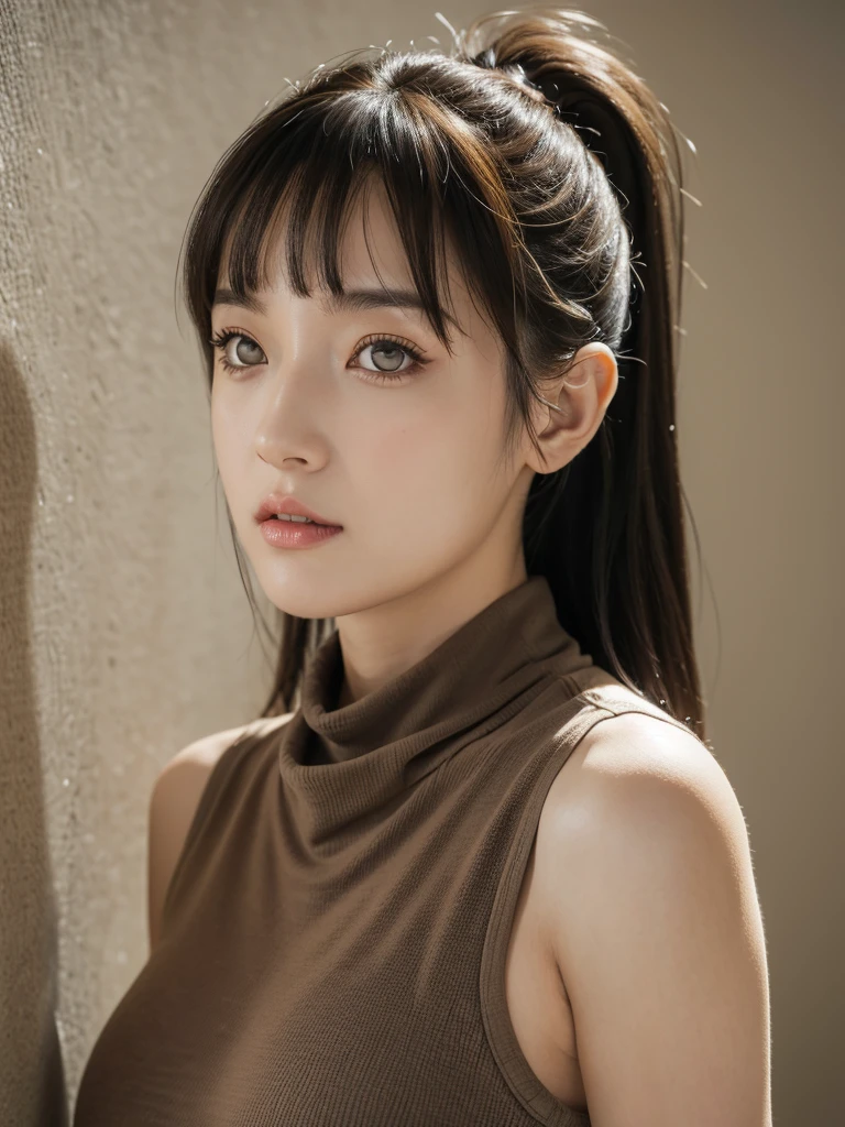 (best quality, highres), portrait, upper body, cool type adult woman, long hair tied up, swept-side bangs, [[[brown hair]]], blonde hair, brown eyes, turtle neck tank top, big breast, plain wall, ultra detailed cg,
 