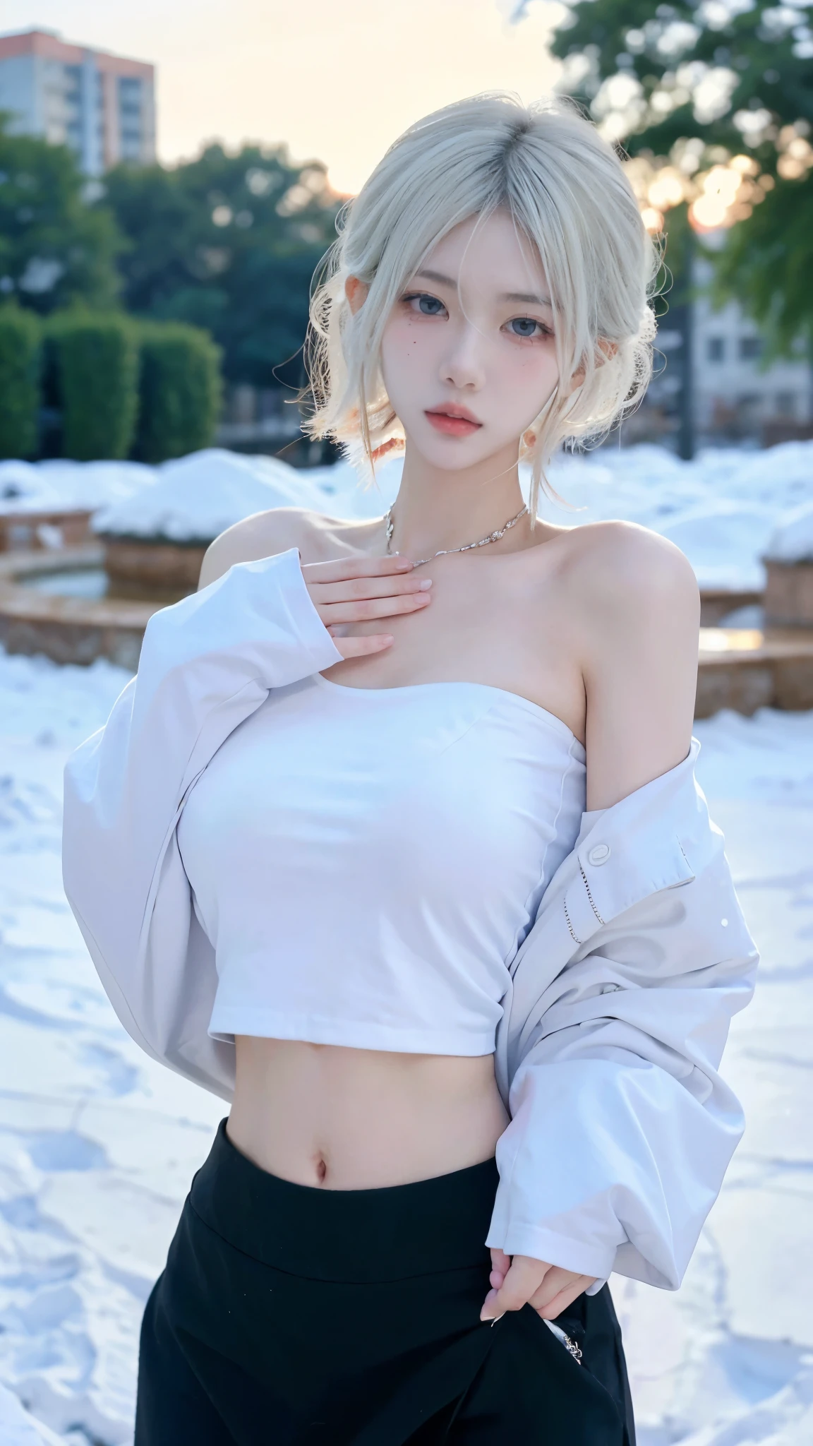 Beautiful woman with perfect figure:1.4，snow，Touching butt with both hands，snow背景，Layered Hairstyle，White skin，Prominent cleavage，Pleated Skirt，whole body，Very delicate face and skin texture，Double eyelids，Skin Whitening，Long white hair