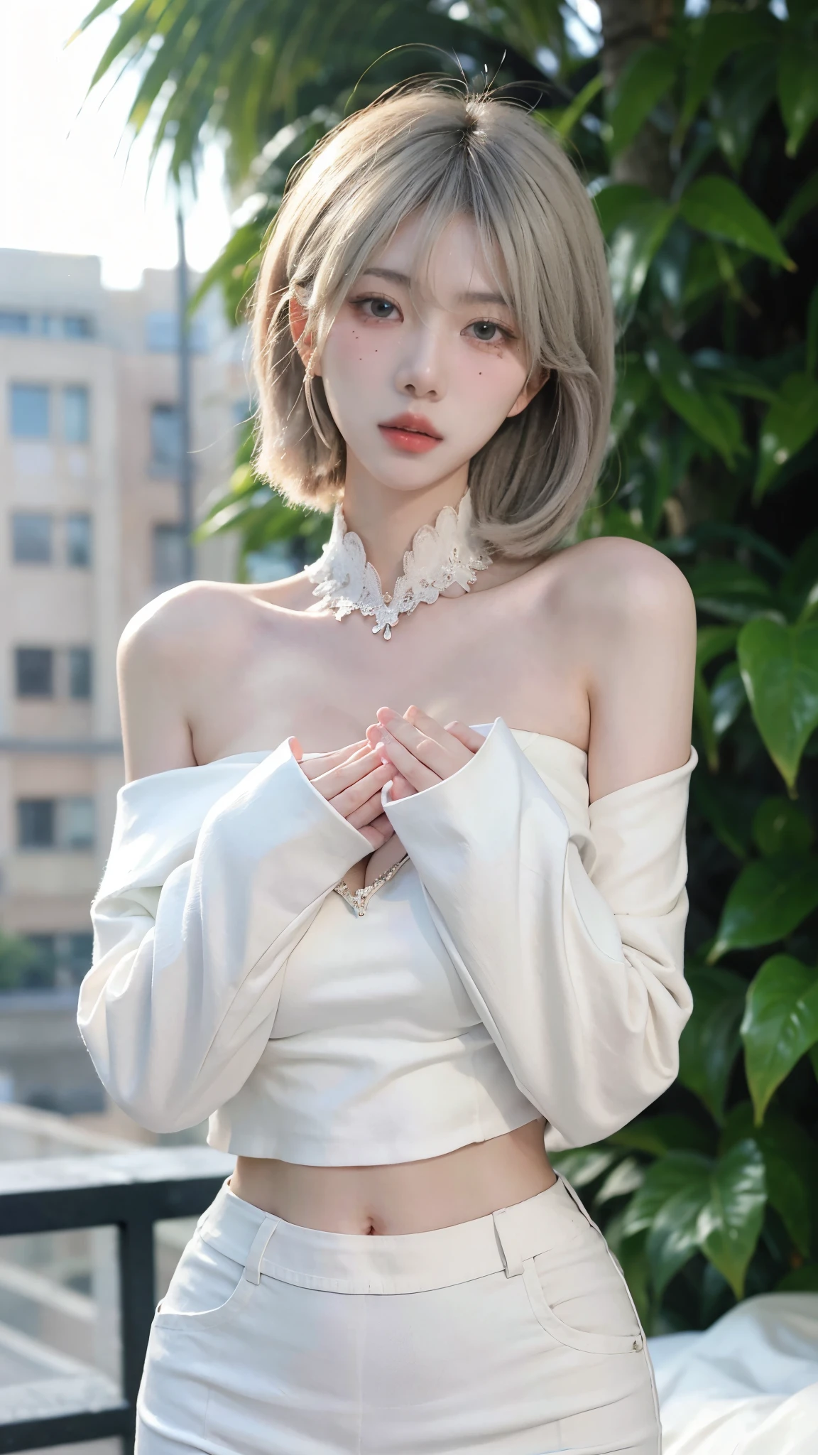 Beautiful woman with perfect figure:1.4,snow,Touching butt with both hands,snow背景,Layered Hairstyle,White skin,Prominent cleavage,Pleated Skirt,whole body,Very delicate face and skin texture,Double eyelids,Skin Whitening,Long white hair