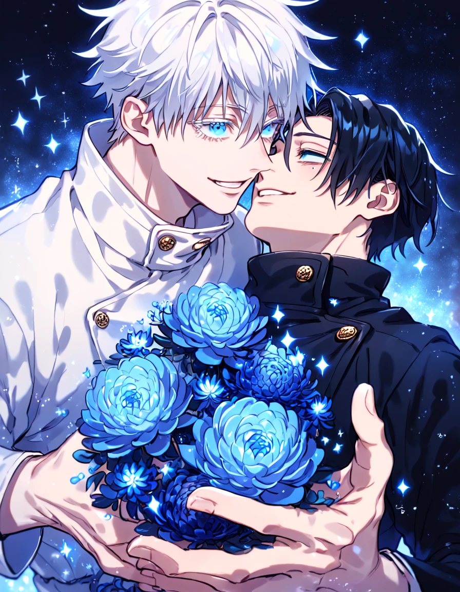 absurdres, highres, ultra detailed, HDR, master piece, best quality, extremely detailed, Okkotsu Yuuta, black hair, expressive blue eyes, Jujutsu Kaisen, Gojou Satoru, white hair, expressive blue eyes, white eyelashes, two sexy men together, yaoi, gay couple, handsome, handsome smile, black uniform with high collar, white uniform, fantasy, water, sparkling, blue glittering fireflies, blue moon, blue blossoms, blue chrysanthemums, blue sparkling lights, starry sky