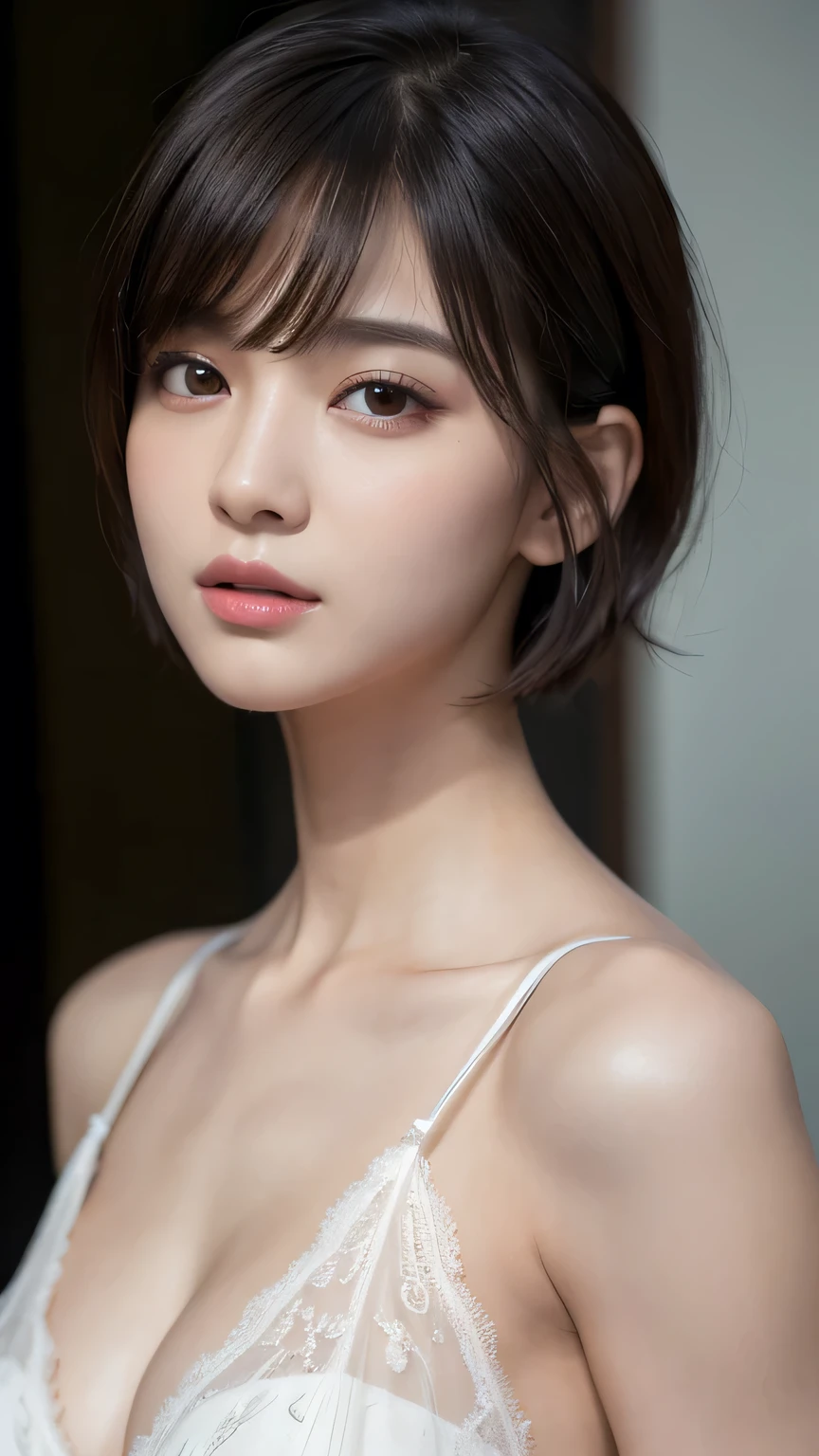 (Ultra-realistic), (figure), (High resolution), (8k), (Very detailed), (Best figure), (Beautiful and detailed), (Highest quality), (Super detailed), (masterpiece), (wallpaper), (Detailed face), alone, One Girl, watching viewer, Nipples are visible,See-through dress、Too much exposure、Fine details, Detailed face, In the Dark, Deep Shadow, Modest, Pure Erotic Face Ace_v1, cool, short hair, Pointed diagonal bangs,