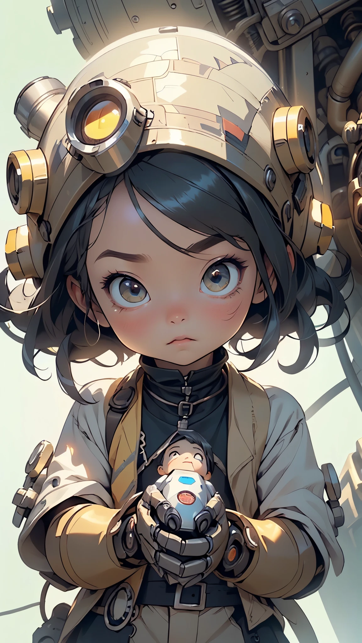 (((1 boyr:1.4))), (), (round face), (little chest), (black hair:1.2, big forhead:1.2), (beautiful big eyes:1.3), intricate eyes,beautiful detailed eyes,symmetrical eyes,big eyes:1.5,(black_eyes:1.2), extremely detailed cute anime face, clear pale blush, solo,kawaii,(((lustrous skin:1.5,tanned skin,bright skin: 1.5,skin tanned,shiny skin,very shiny skin,shiny body))),((little boi))),((small tiny body)),((((6 years old)))),(st)),((doll joints:1.5,mechanical hands:1.5)),((tesla coils)),((body of a machine:1.5,metallic skin,ball joint,cyborg:1.5, robotic parts:1.5,robot:1.5,mechanical joints: 1.4,mechanical limbs)),
((robot with human form of boy,boy with robotic body,
robot boy, super cute robot face, thin face boy, cyborg, robot,
dreamy glow, luminous neon lights, Clean, robot body with steampunk style tubes and wires)),((red shorts,yellow skirt, brown vest)),
(dynamic pose:1.0),embarrassed,(centered,scale to fit dimensions,Rule of thirds),
((steampunk,industrial revolution)),scenery:1.25,((intricate scenery)),((steampunk, background)),
(Glossy steampunk ornaments),highres,sharp focus,(ultra detailed,extremely detailed),(photorealistic artwork:1.37),(extremely detailed CG unity 8k wallpaper),(((vibrant colors,vibrant theme))),(intricate),(masterpiece),(best quality),artistic photography,(photography taken by sldr),(intricate background),perfect rendered face,perfect face details,realistic face,photo realistic,((intricate detail)),(((realism))),