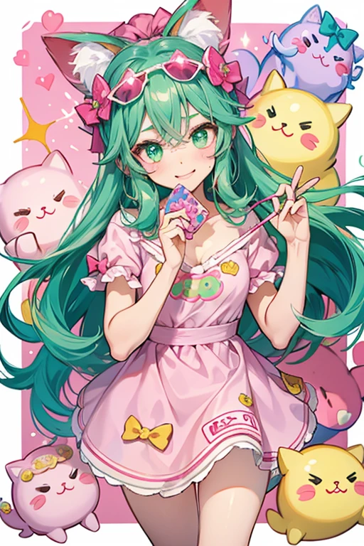 A hot pink candy girl cat with a winking eye and a slanted mouth. Imprinted on her forehead is the Num Noms logo surrounded by a wrapped candy border. She wears an emerald-colored wrapper twisted into a bow on her left ear. SPARKLE; GLITTER