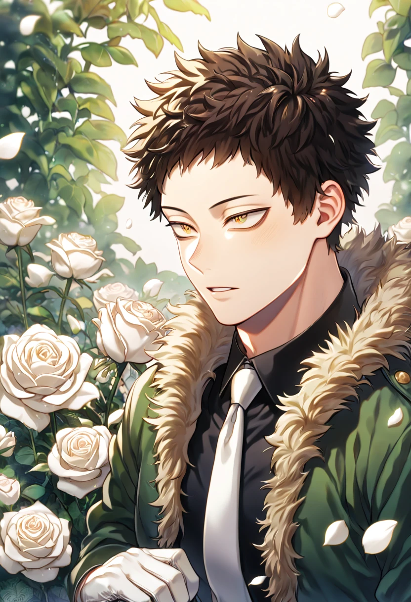 Ultra detailed, Highres, absurdres, HDR, master piece, best quality, Overhaul, dark brown hair, short hair, short bangs, long eyelashes, expressive golden eyes, green coat with a fur collar, black shirt, white necktie, Boku No Hero Academia, sexy man, white petals, white roses, garden, handsome, sensual, white gloves,