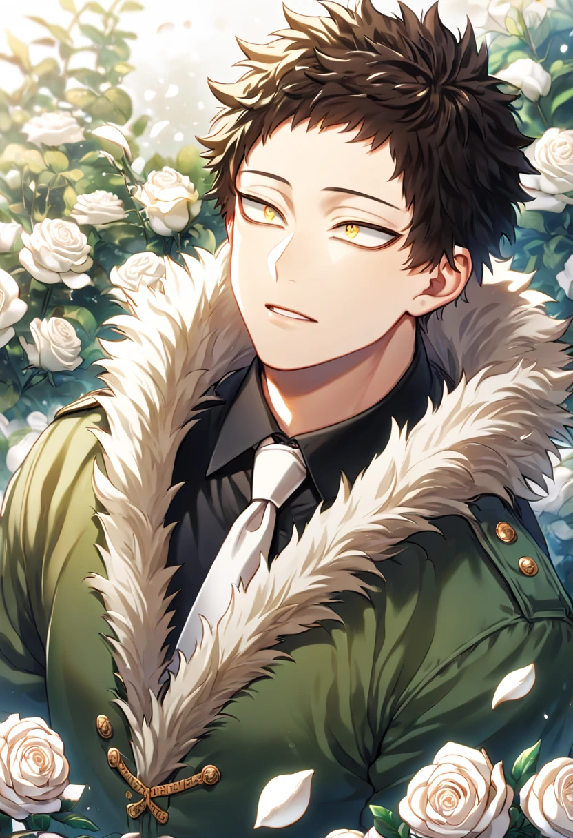 Ultra detailed, Highres, absurdres, HDR, master piece, best quality, Overhaul, dark brown hair, short hair, short bangs, long eyelashes, expressive golden eyes, green coat with a fur collar, black shirt, white necktie, Boku No Hero Academia, sexy man, white petals, white roses, garden, handsome, sensual, white gloves,