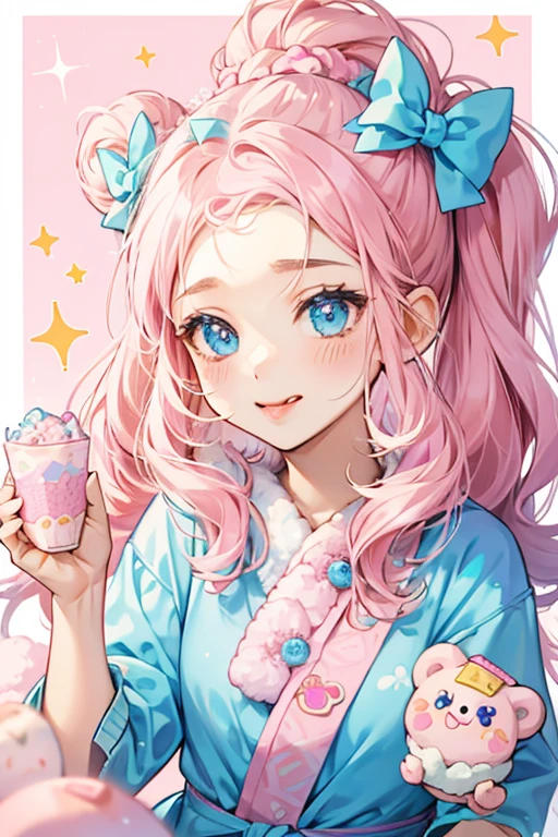 A pastel pink candy girl bear with her tongue sticking out. Imprinted on her forehead is the Num Noms logo surrounded by a wrapped candy border. She wears two bows on her ears made from wrappers: One pink, and one blue. SPARKLE; GLITTER