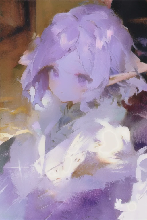 Elf girl with purple eyes, portrait, short hair, violet hair, long eyelashes, nice clothing, no bangs