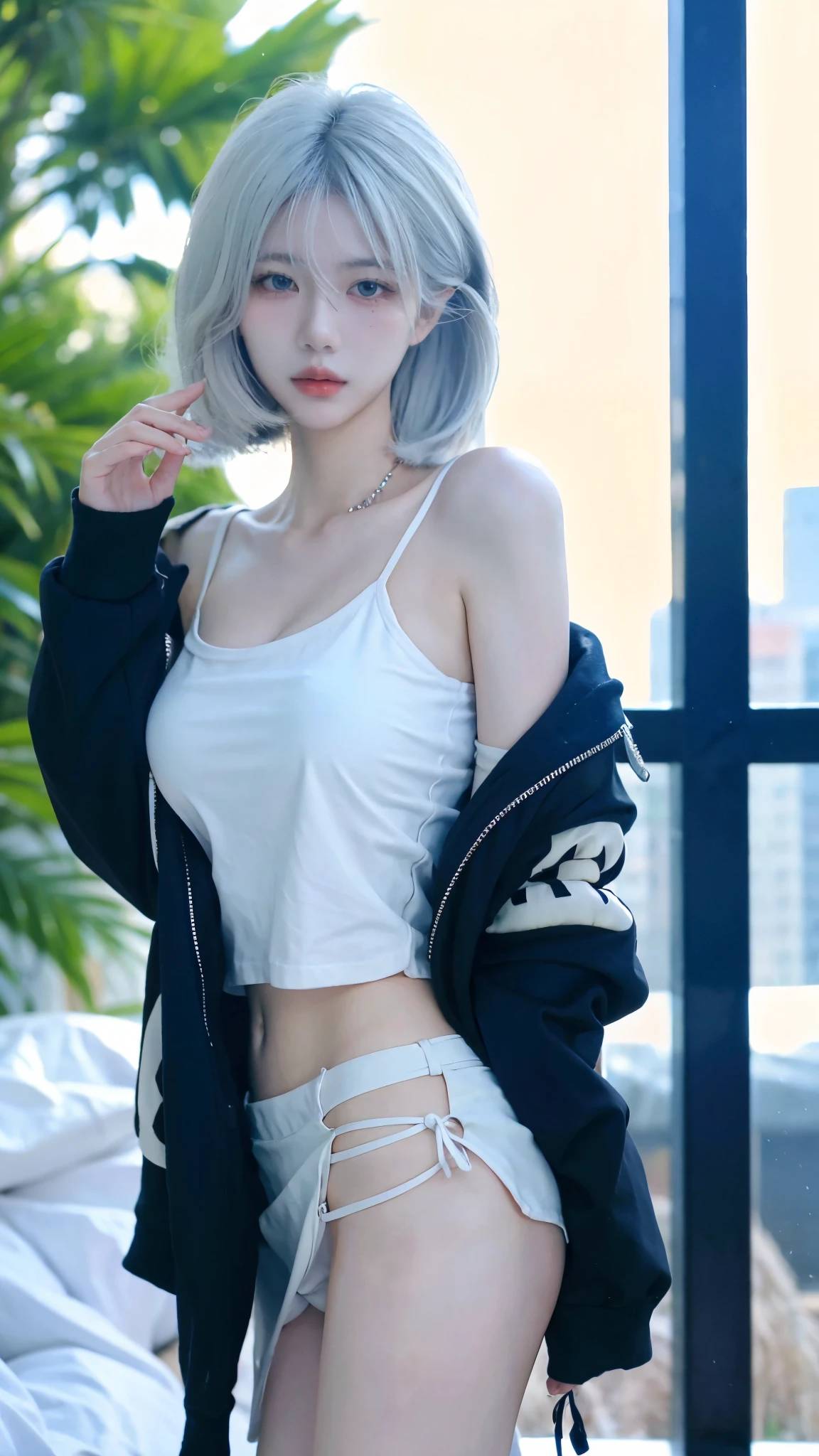 Beautiful woman with perfect figure:1.4,snow,Touching butt with both hands,snow背景,Layered Hairstyle,White skin,Prominent cleavage,Pleated Skirt,whole body,Very delicate face and skin texture,Double eyelids,Skin Whitening,Long white hair
