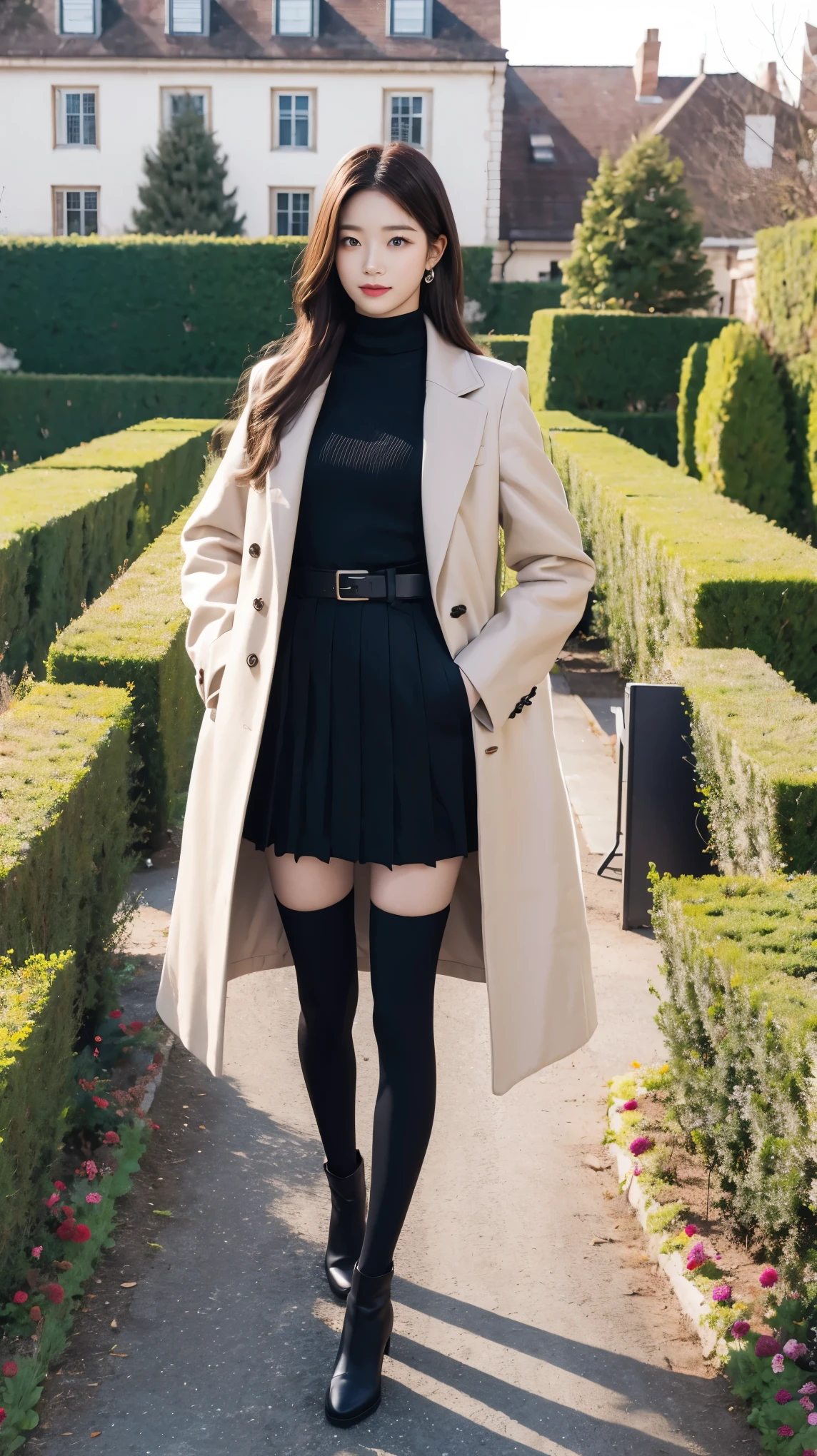 (8k、RAW photos、best quality、masterpiece:1.2)、(realistic、realistic)、1 girl、((Check miniskirt、long coat black、slim legs、Boots、one piece、tights、garden、view from the front、looking at the camera、belt、Put your hands on your hips,))、cute