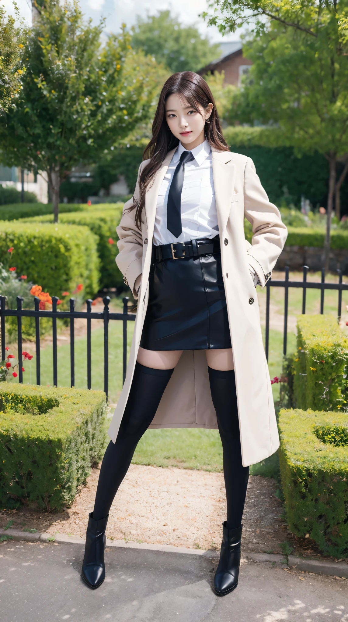 (8k、RAW photos、best quality、masterpiece:1.2)、(realistic、realistic)、1 girl、((Check miniskirt、long coat black、slim legs、Boots、one piece、tights、garden、view from the front、looking at the camera、belt、Put your hands on your hips,))、cute