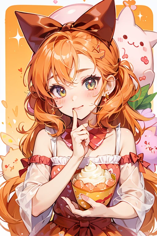 Orange Sweets is a orange candy girl Cat Num with a winking eye, blushed cheeks, and a slanted mouth. Imprinted on her forehead is the Num Noms logo surrounded by a wrapped candy border mark. She wears a raspberry colored bow made out from a candy wrapper. SPARKLE; GLITTER