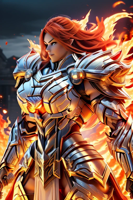 (((Massive, tall, beautiful, buff, muscular, pale white skinned asian female Valkyrie with red hair, ginormous bulky muscles, holding a fire sword and wearing an all red gleaming Valkyrie armor and pleated skirt))), ((close-up)), black eyeliner, massive muscles, massive biceps, hyper muscle triceps, (long hair), yellow eyes, valkyrie boots, In heaven, steel Valkyrie armor, armor breastplate, nighttime, confident smile, (hyper muscles arms), hyper muscle legs, (ginormous arms)