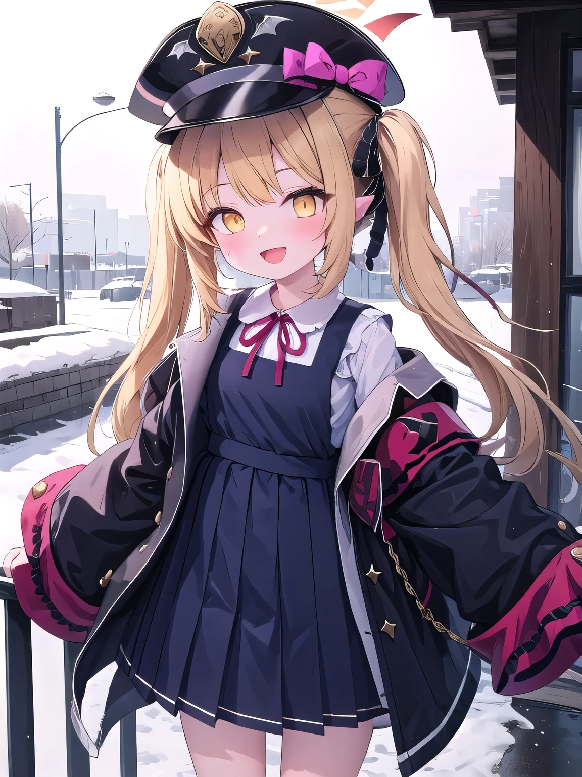 best quality, masterpiece, highres, solo, (ibuki_bluearchive:1.10), 1girl, black coat, collared shirt, long sleeves, looking at viewer, open coat, open mouth, smile, pinafore dress, white shirt, sleeves past fingers, blush, hat bow, black dress, pink bow, red armband, , oversized clothes, standing, outdoor 