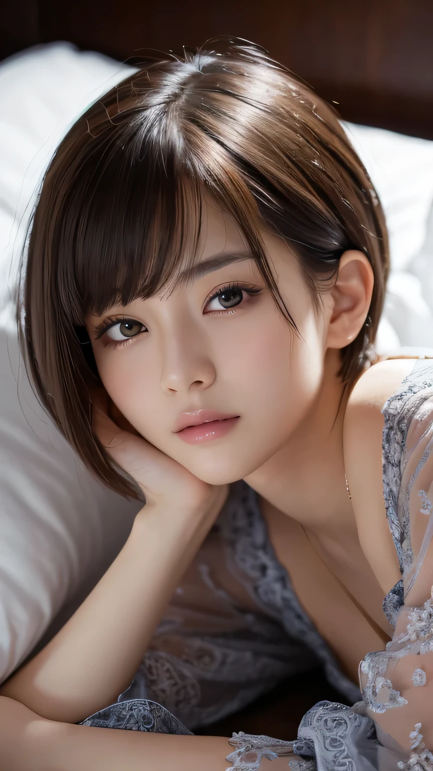 (Ultra-realistic), (figure), (High resolution), (8k), (Very detailed), (Best figure), (Beautiful and detailed), (Highest quality), (Super detailed), (masterpiece), (wallpaper), (Detailed face), alone, One Girl, watching viewer, Sleeping in bed、Too much exposure、Fine details, Detailed face, In the Dark, Deep Shadow, Modest, Pure Erotic Face Ace_v1, cool, short hair, Pointed diagonal bangs,