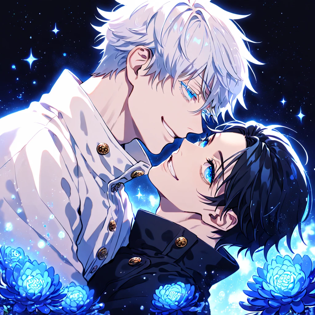 absurdres, highres, ultra detailed, HDR, master piece, best quality, extremely detailed, Okkotsu Yuuta, black hair, expressive blue eyes, Jujutsu Kaisen, Gojou Satoru, white hair, expressive blue eyes, white eyelashes, two sexy men together, yaoi, gay couple, handsome, handsome smile, black uniform with high collar, white uniform, fantasy, water, sparkling, blue glittering fireflies, blue moon, blue blossoms, blue chrysanthemums, blue sparkling lights, starry sky