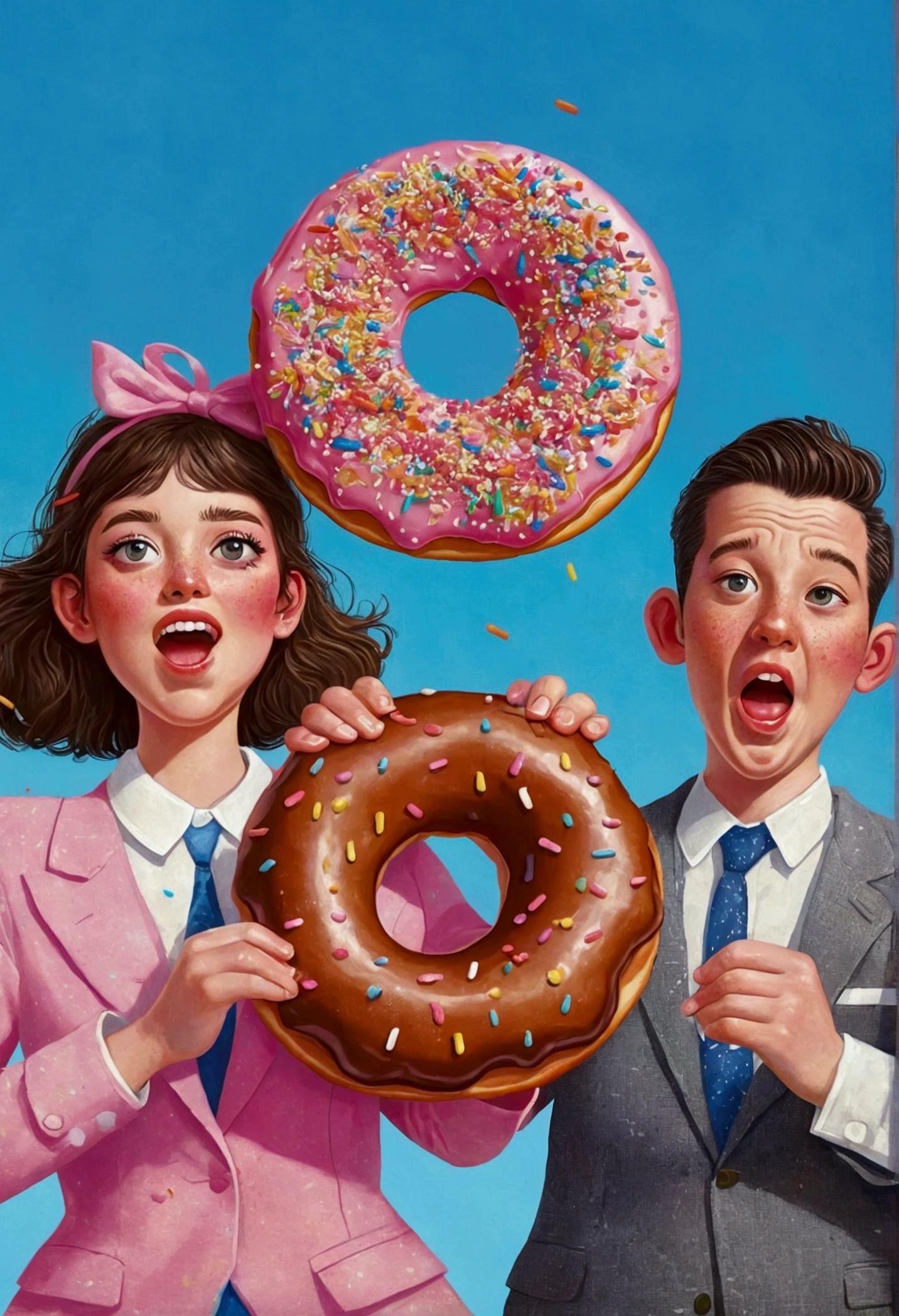 they are running and holding a donut with sprinkles, an illustration of by Trevor Brown, Winner of the Behance competition, Pop Art, eating a donut, Juster Battle, funny illustration, the mighty donut, illustration, illustration!, donut, Alex Gross, fabulous illustrations, humorous illustration, amazing food illustration, illustration, agree with you, John Cornell, magazine illustration