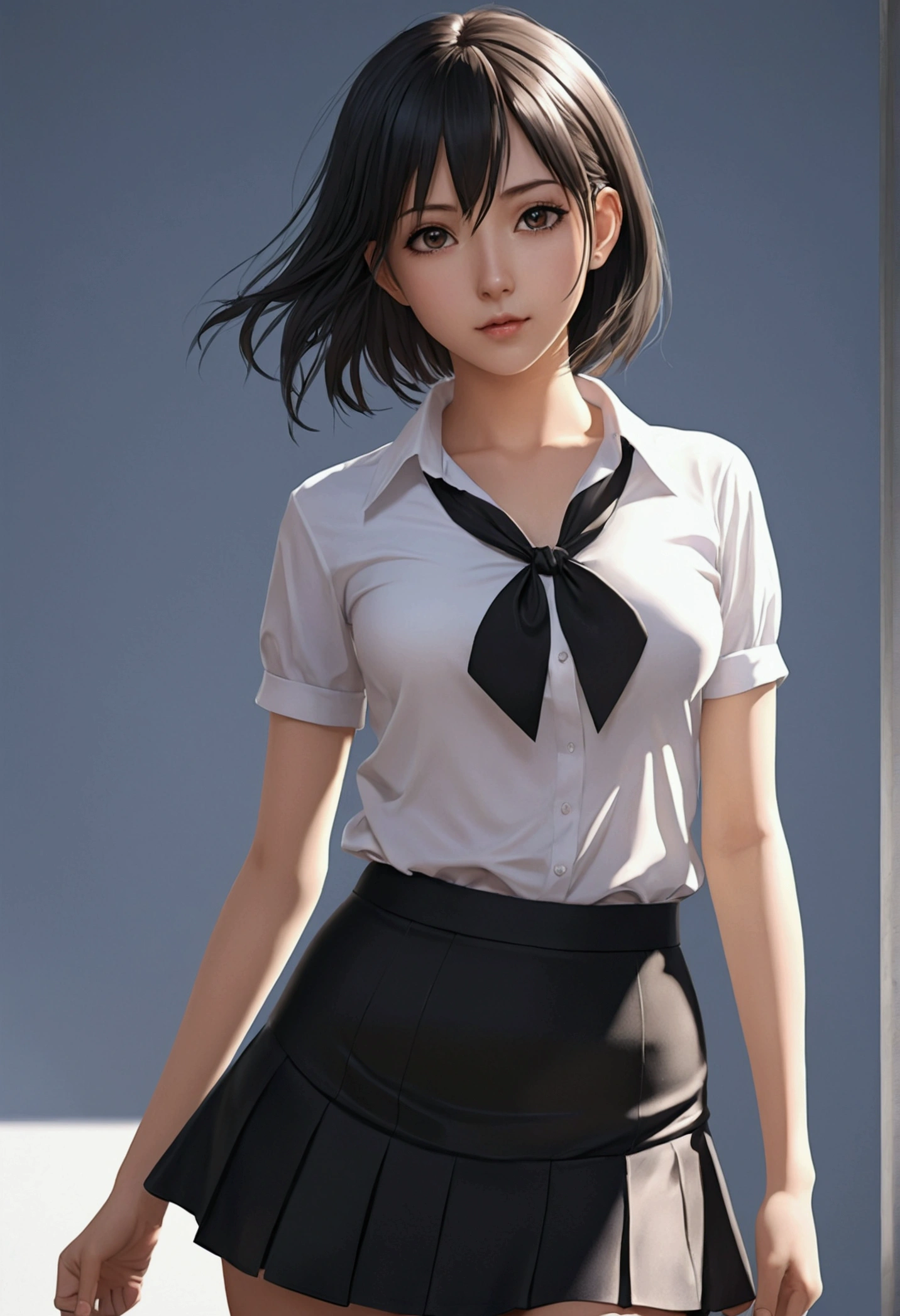 Generate an anime girl, looking forward with a black mini skirt and a short shirt from the bottom showing her breasts