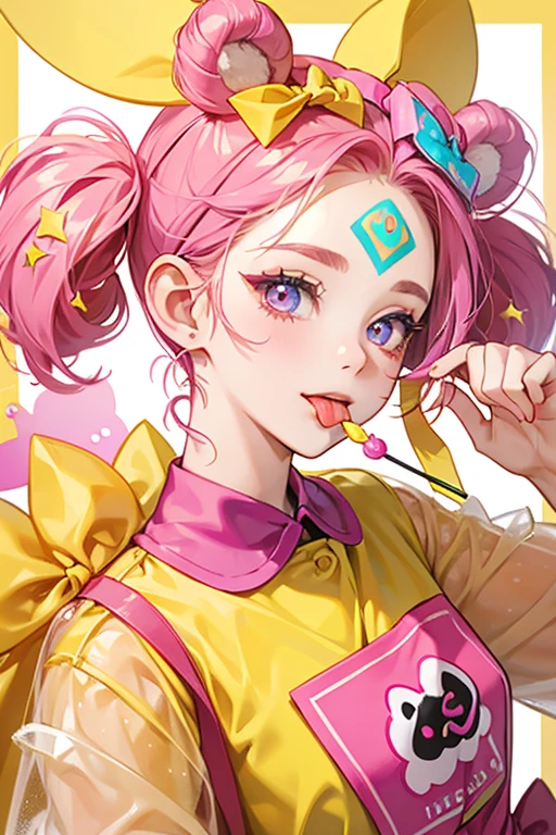 A yellow candy girl bear with basic eyes and her tongue sticking out. Imprinted on her forehead is the Num-Nom logo with a wrapped candy border. She wears a fuchsia wrapper twisted into a bow on both ears. SPARKLE; GLITTER