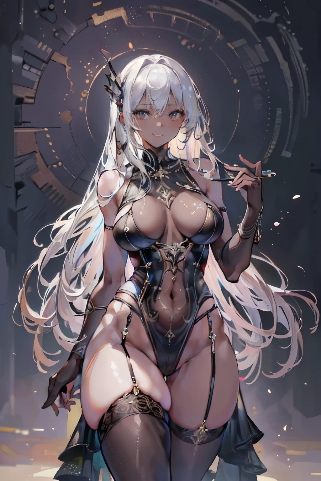 (masterpiece, Highest quality:1.3), (超detailed:1.2), (hyperRealistic:1.3), (RAW Photos:1.2), High-definition RAW color photos, Professional photos, (PhotoRealistic:1.4), (Realistic:1.4), Professional Lighting, Perfect Anatomy, (Big Breasts:1.1), (blush, detailedな顔), (smile:1.5), Flat lighting,elevation,sexy,A beautiful woman with supple curves,((Highest quality)), ((masterpiece)), (detailed),sexy,A beautiful woman with supple curves,((Highest quality)), ((masterpiece)), (detailed), One girl,Silver Hair,Long Hair,Dark Skin,Wearing a black sleeveless dress,Wear black high heels,Crouching pose,Starry Sky,cloud,20Old woman,Look away,Wearing black garter belts on legs