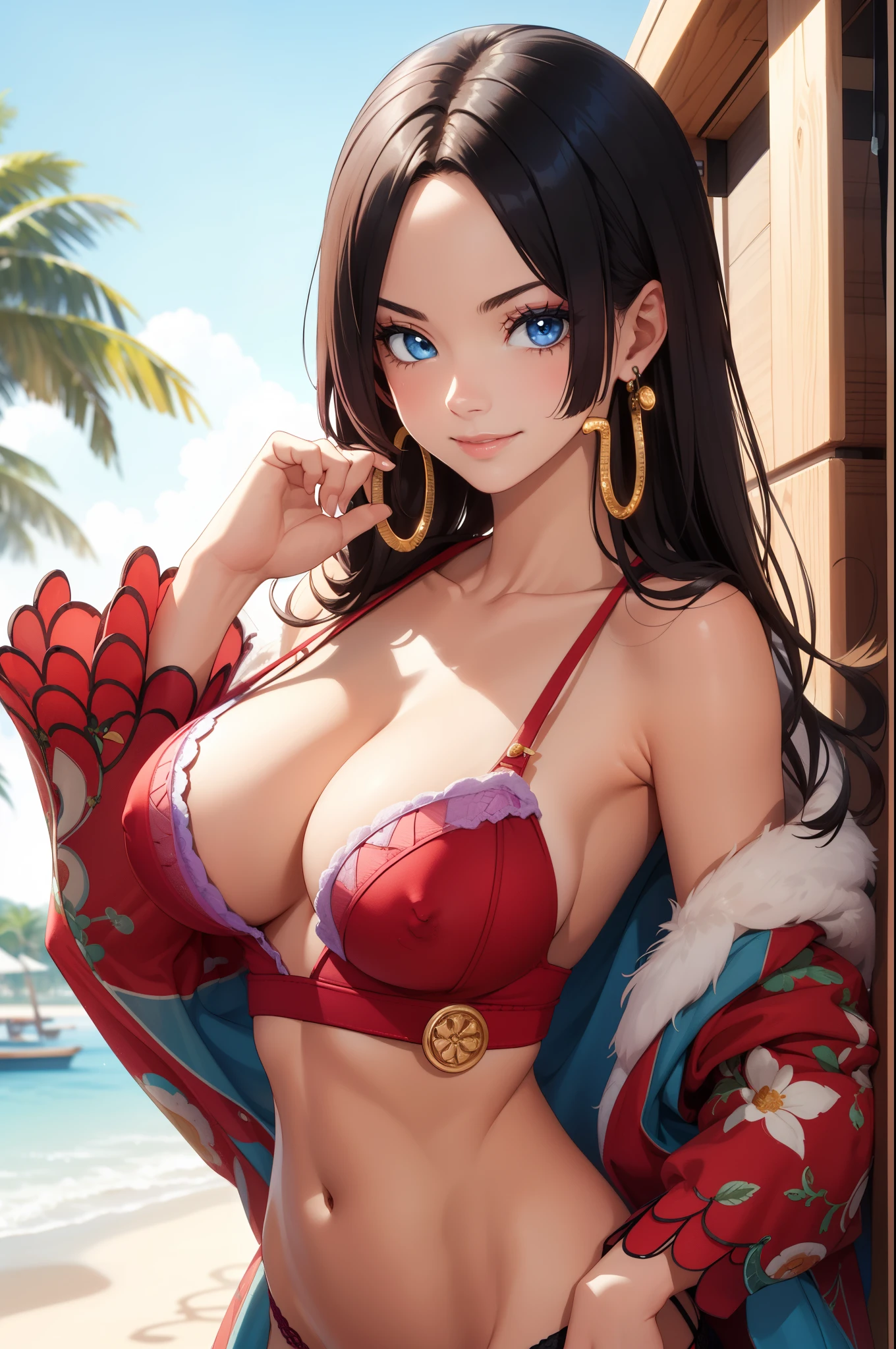 (first work, Best Quality: 1.2), Alone, 1girl, good hancock, smile, looking at the viewer, hand on hip, bikini, jewelry, earrings, (giant and giant chest) (first work, Best Quality: 1.2), Alone, 1girl, good hancock, smile, looking at the viewer, ((pointed chest))((protruding nipples)), ((Detailed lingerie)), jewelry, earrings, (giant and giant chest)