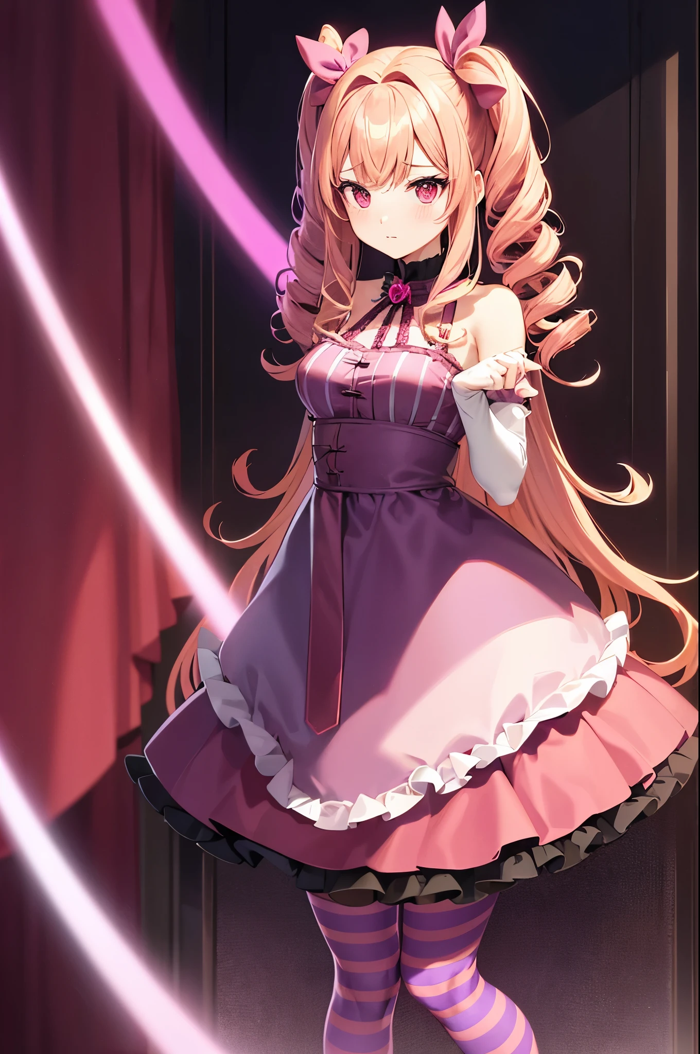 Idol-like animated character
Red eyes, cute expression, shy
High quality
Dark red fur bolero jacket
Fluffy fur bolero
Enji-colored dress skirt
Voluminous blonde hair twin dr
Strong curly hair
Curly hair
Large pink ribbon in hair
Purple and pink striped stocking tights
Purple and pink horizontal striped stocking tights worn
One very small round crown hair ornament Blonde twin drills
In a room, on a chair
Forehead bangs Pink and purple striped tights
Pink and purple striped tights/stockings Forehead bangs Big pink ribbon in dress skirt Focus on face Red eyes Full body shot Background in room No shadow, high quality Walking Full face
Big pink ribbon on dress skirt
Focus on face
Full face, high quality
Walking
Full Face