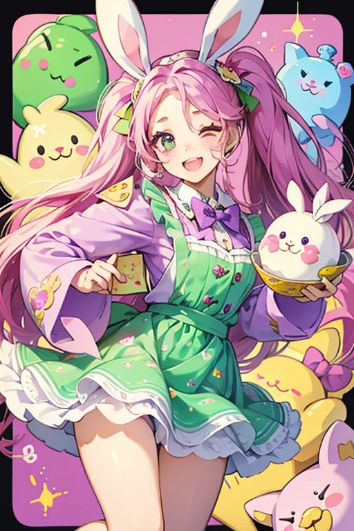 A purple candy girl bunny with one eye winking and a wide opened mouth. Printed on her forehead is the Num Noms logo with a wrapped candy border around it. She wears a light green wrapper twisted into a bow. SPARKLE; GLITTER
