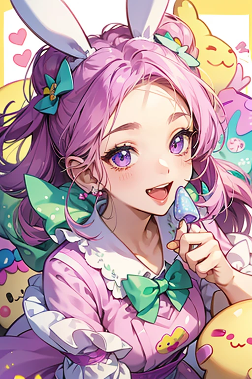 A purple candy girl bunny with one eye winking and a wide opened mouth. Printed on her forehead is the Num Noms logo with a wrapped candy border around it. She wears a light green wrapper twisted into a bow. SPARKLE; GLITTER