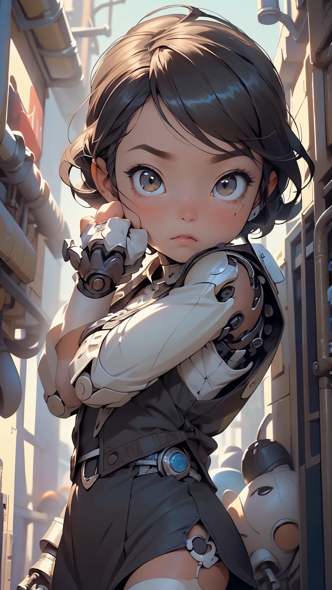 (((1 boyr:1.4))), (baby face), (round face), (little chest), (black hair:1.2, big forhead:1.2), (beautiful big eyes:1.3), intricate eyes,beautiful detailed eyes,symmetrical eyes,big eyes:1.5,(black_eyes:1.2), extremely detailed cute anime face, clear pale blush, solo,kawaii,(((lustrous skin:1.5,tanned skin,bright skin: 1.5,skin tanned,shiny skin,very shiny skin,shiny body))),((little boy,chibi))),((small tiny body)),((((6 years old)))),((flat chest)),((doll joints:1.5,mechanical hands:1.5)),((tesla coils)),((body of a machine:1.5,metallic skin,ball joint,cyborg:1.5, robotic parts:1.5,robot:1.5,mechanical joints: 1.4,mechanical limbs)),
((robot with human form of boy,boy with robotic body,
robot boy, super cute robot face, thin face boy, cyborg, robot,
dreamy glow, luminous neon lights, Clean, robot body with steampunk style tubes and wires)),((red shorts,yellow skirt, brown vest)),
(dynamic pose:1.0),embarrassed,(centered,scale to fit dimensions,Rule of thirds),
((steampunk,industrial revolution)),scenery:1.25,((intricate scenery)),((steampunk, background)),
(Glossy steampunk ornaments),highres,sharp focus,(ultra detailed,extremely detailed),(photorealistic artwork:1.37),(extremely detailed CG unity 8k wallpaper),(((vibrant colors,vibrant theme))),(intricate),(masterpiece),(best quality),artistic photography,(photography taken by sldr),(intricate background),perfect rendered face,perfect face details,realistic face,photo realistic,((intricate detail)),(((realism))),