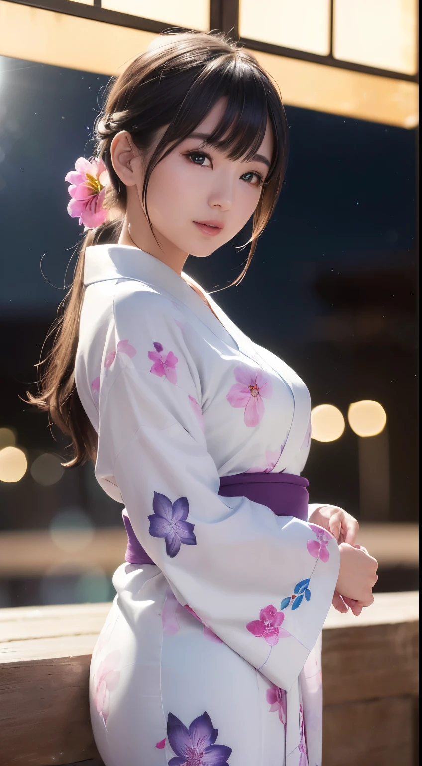(logo、masterpiece、8k、Tabletop、RAW Photos、wonderful、最high quality、フォトリアリスティックでVery detailedな CG 複合 8k 壁紙、high quality、Very detailed、Narrative poem、Particle Effects、Dynamic Effects、Depth of the Boundary、Cinematic Light、Lens flare、Ray Tracing）、 (One beautiful woman wearing a yukata、White yukata、Light purple pattern)、Black-haired、High definition skin、Very fine、Fine skin texture、Beautiful Face、True Face、Beautiful details in the eyes、Realistic eyes、Beautifully detailed eyes、Realistic Skin、Beautiful Skin、Surreal、Smiling Eyes、Hair and light eyes、vivid、Colorful lights and bokeh、plump lower lip、Pink Lips、Hair flutters in Wind、Hair bounces、wonderful景色、night、evening、Wind、moonlight、moonlight、light