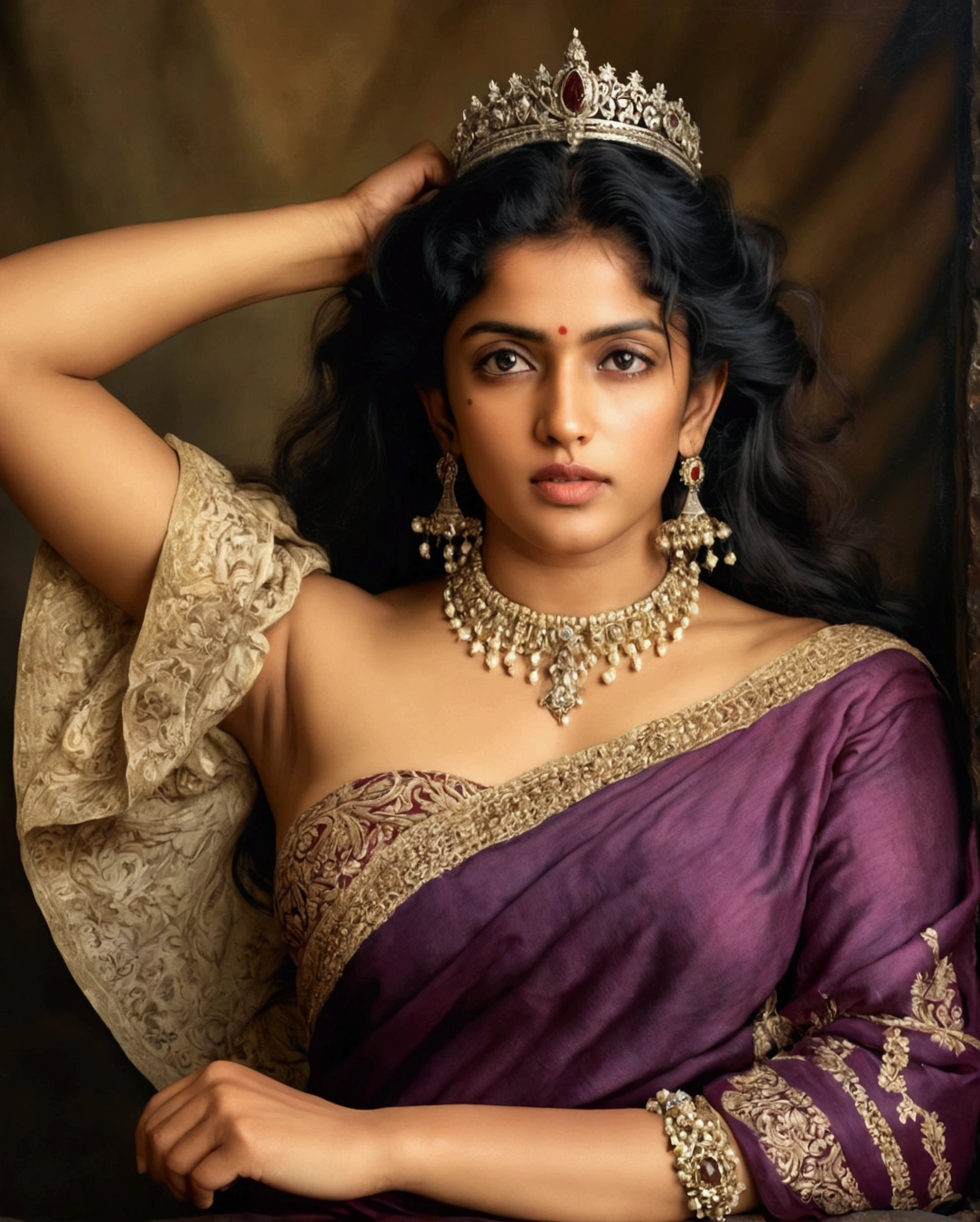 Best quality, highly detailed, masterpiece, Indian princess, Rajkanya, royal clothes, Masterpiece, extremely gorgeous woman, matchless Beauty, portrait, Peter Paul Rubens style, Woman, off shoulder bandeau crop blouse, middle ages, classicism, andrey atroshenko style, painting, long hair, styled hair, traditional media, realistic, figurative, fine art, detailed Art, oil on canvas, HDR, 8K, original character, high resolution, high detail, focus on the face, intricate, flawless, fluffy hair, Peter Paul Rubens style, By Peter Paul Rubens, sharp picture, avoid crown or mukut in picture,, Raja Ravi Varma 